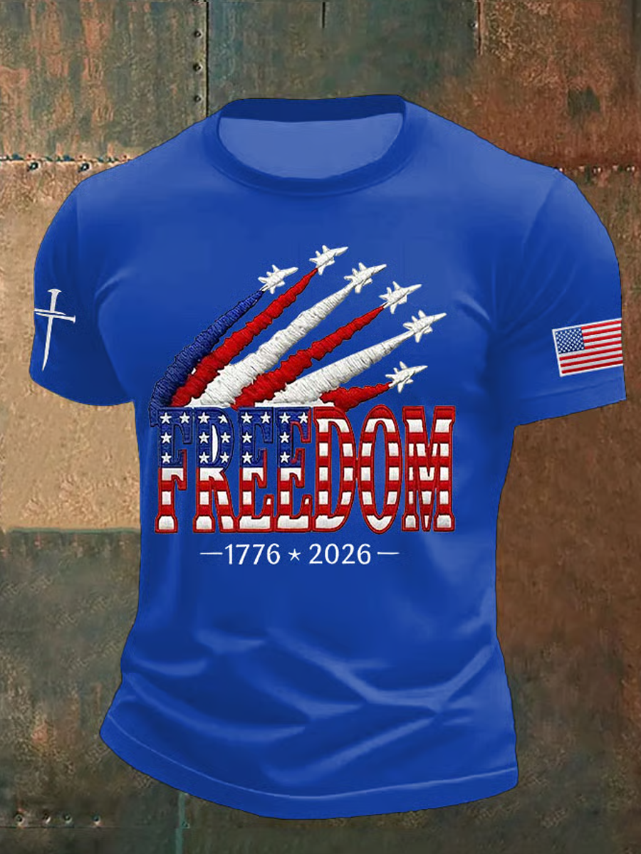 Men's Retro Freedom American Flag Cross Print Round Neck T-Shirt
