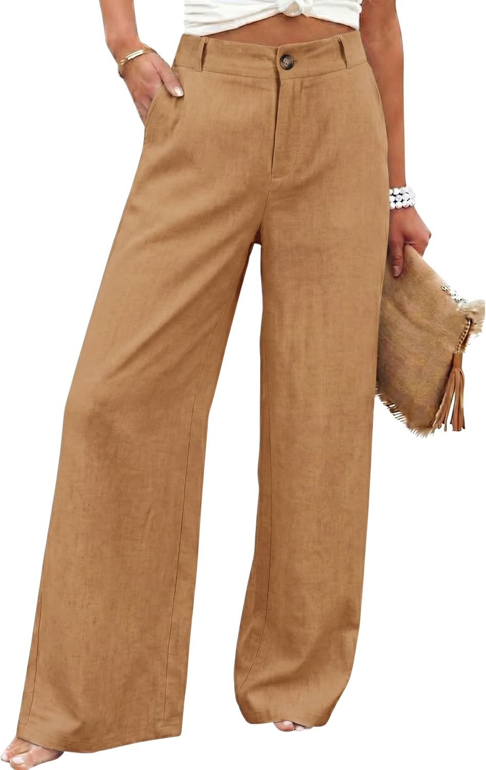 Womens Cotton Linen Pants Casual Button Up High Waisted Wide Leg Trousers