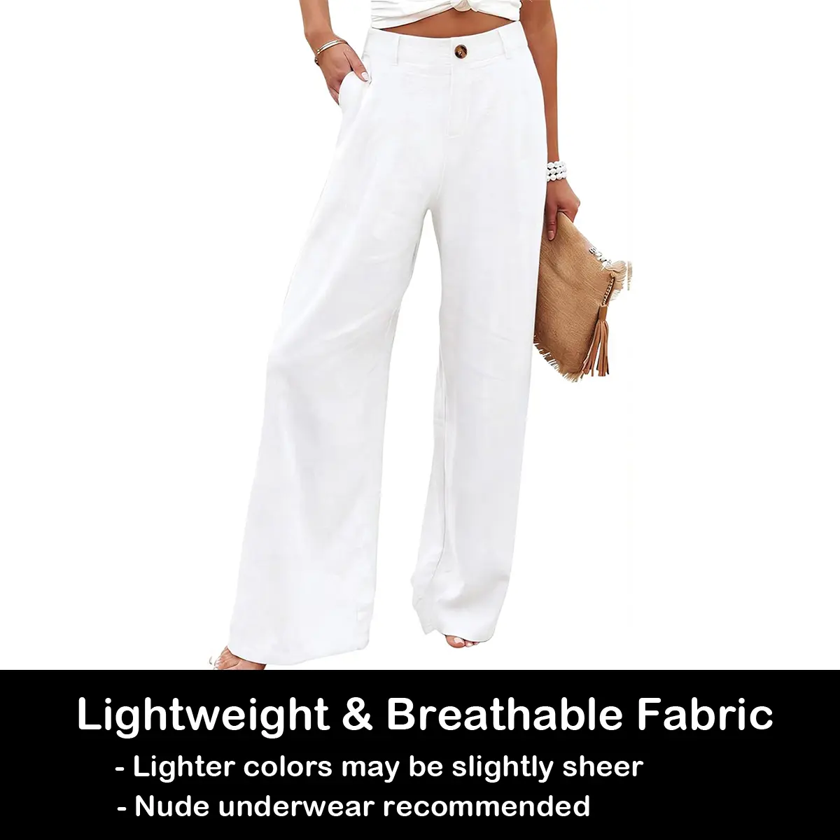 Women's High Waisted Wide Leg Linen Pants Casual Button Up Cotton Trousers for Summer Loose Comfy Beach Pants