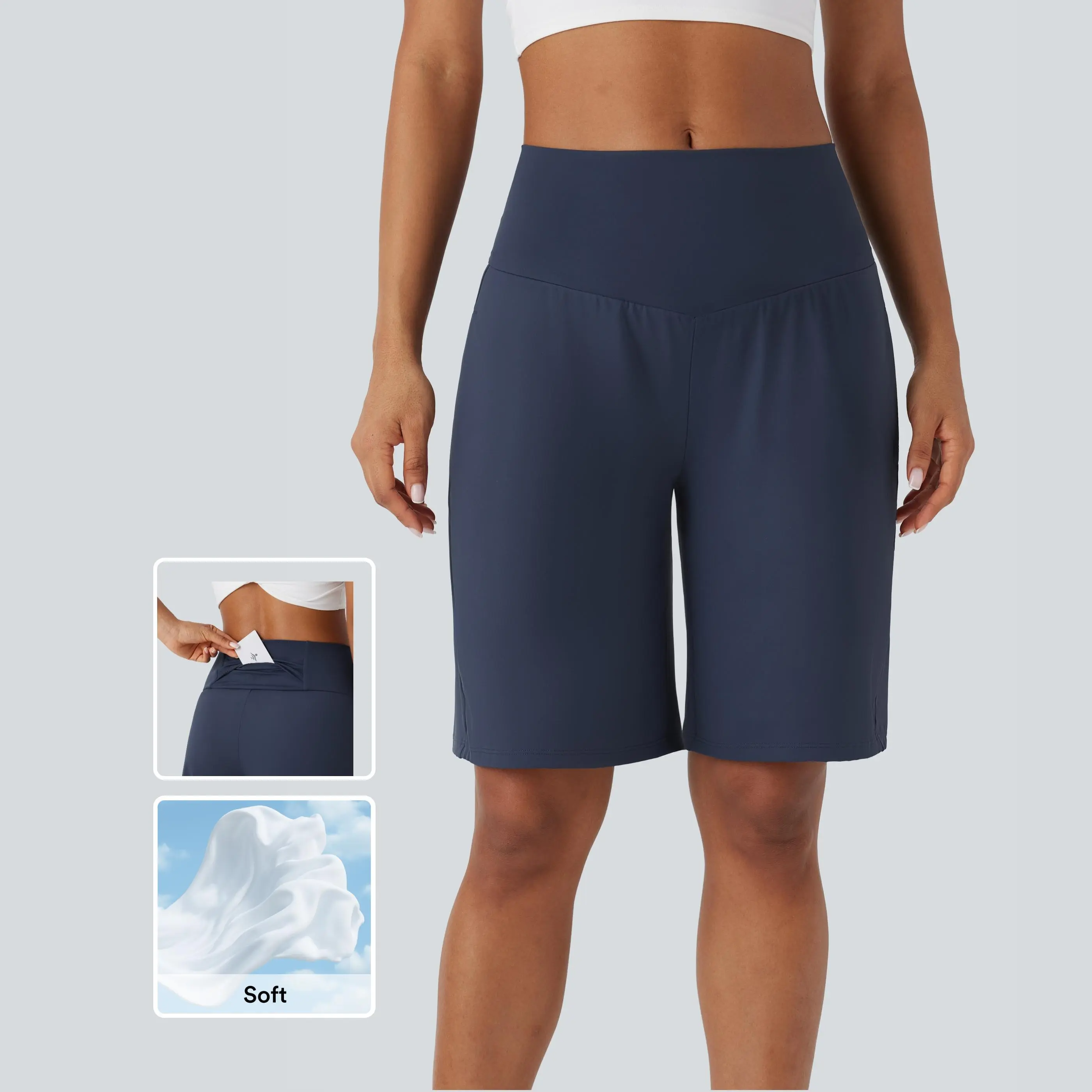 High Waisted Pockets Cool Touch Yoga Bermuda Shorts