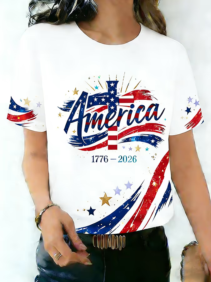 Women's America 250th Anniversary Faith Freedom Independence Brave Print T-Shirt