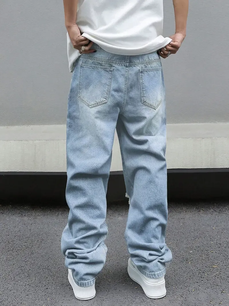 Men's Trendy Loose-Fit Jeans: American Retro-Style Distressed, Casual Wide-Leg Flared Denim