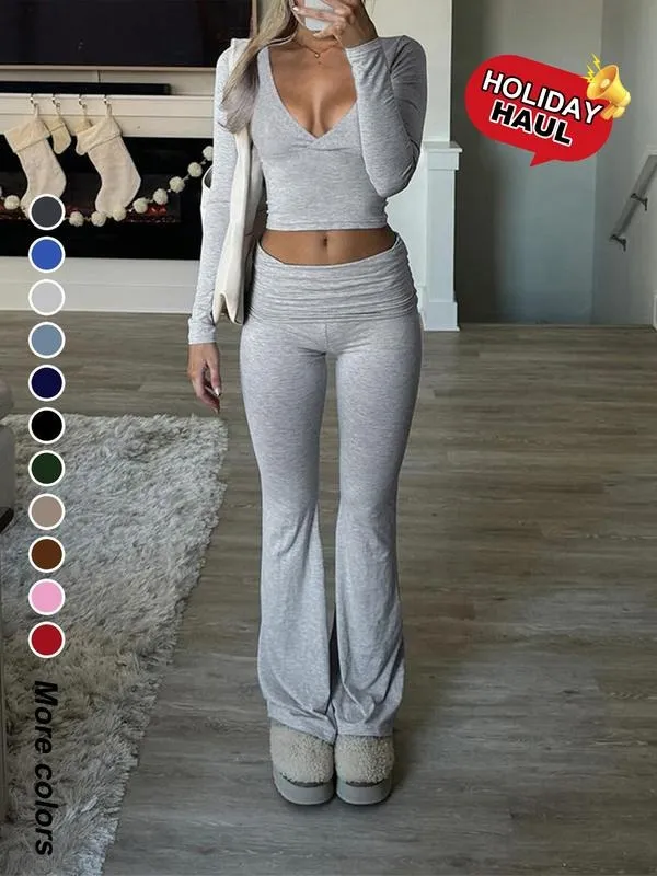 Slim-Fit Crop Top & Pants Two-Piece Set