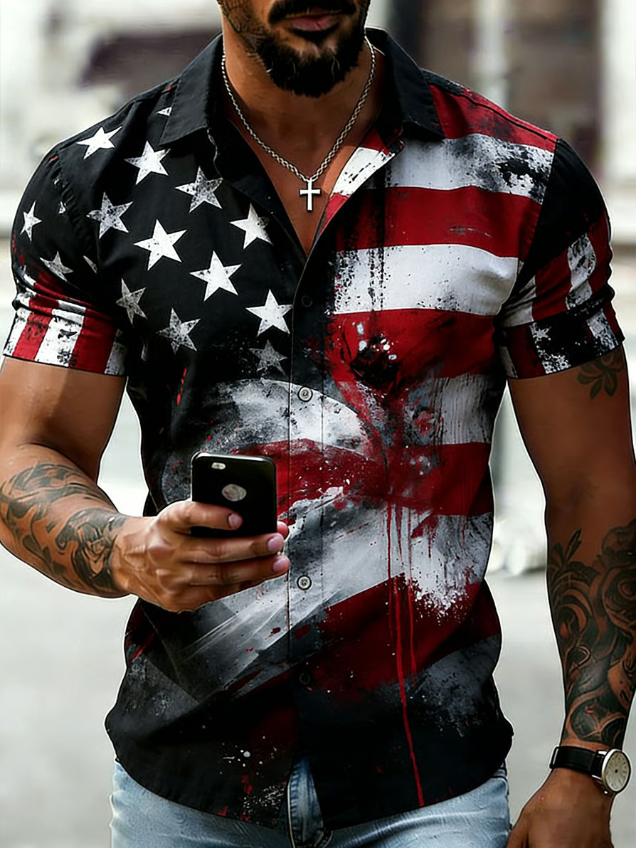 Men's Retro Art American 250th Anniversary Cotton Linen Short-Sleeve Shirt