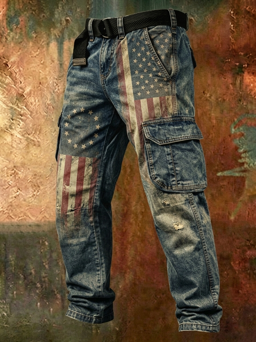 Men's Independence Day American Flag Art Print Casual Cargo Pockets Pants