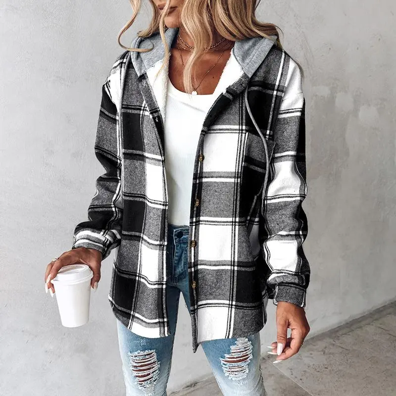 Women's Plaid Pattern Shacket  Hooded Jackets