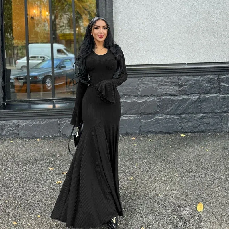 Women's Plain Lace Up Flounce Sleeve Dress