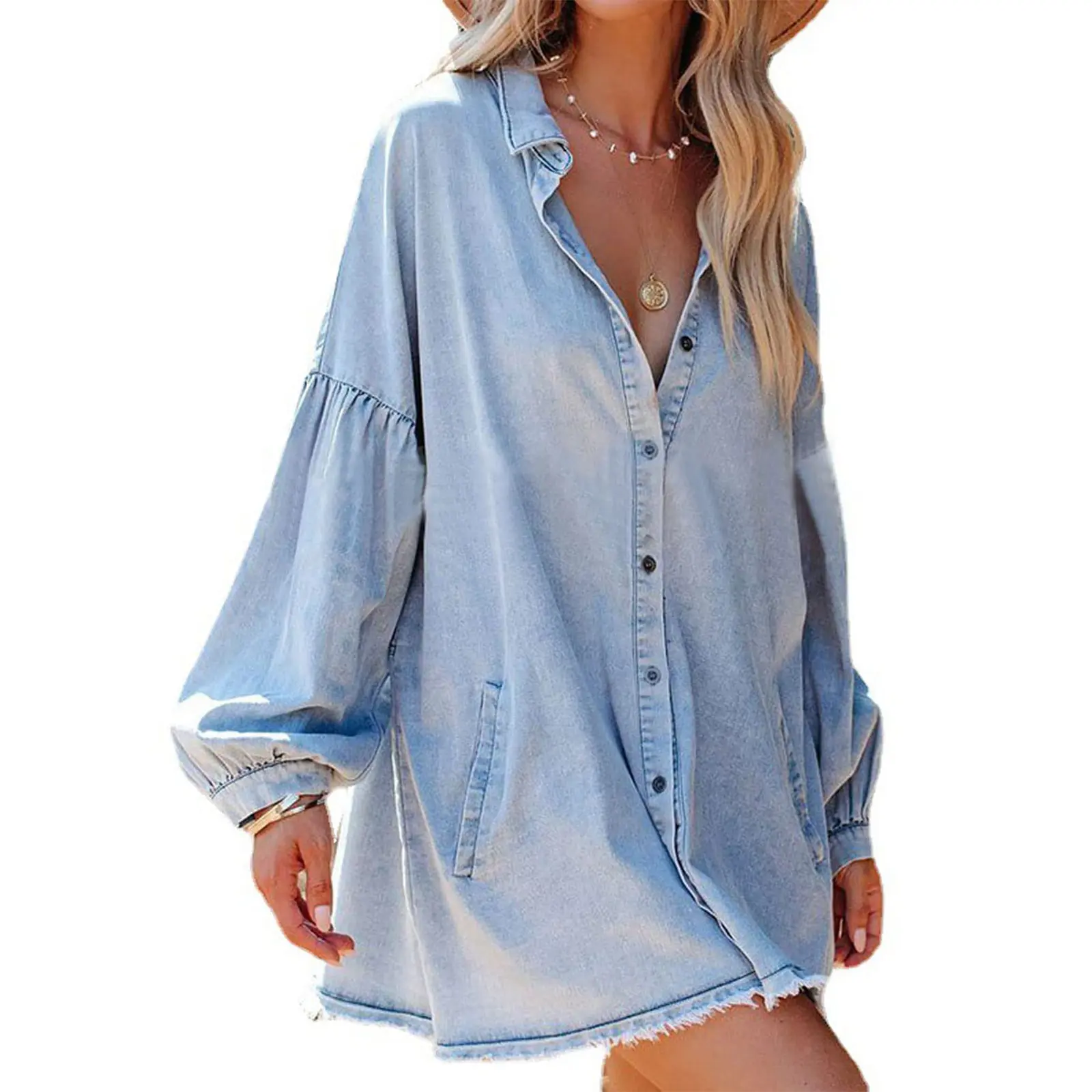 Women's Oversized Distressed Denim Jacket with Pockets