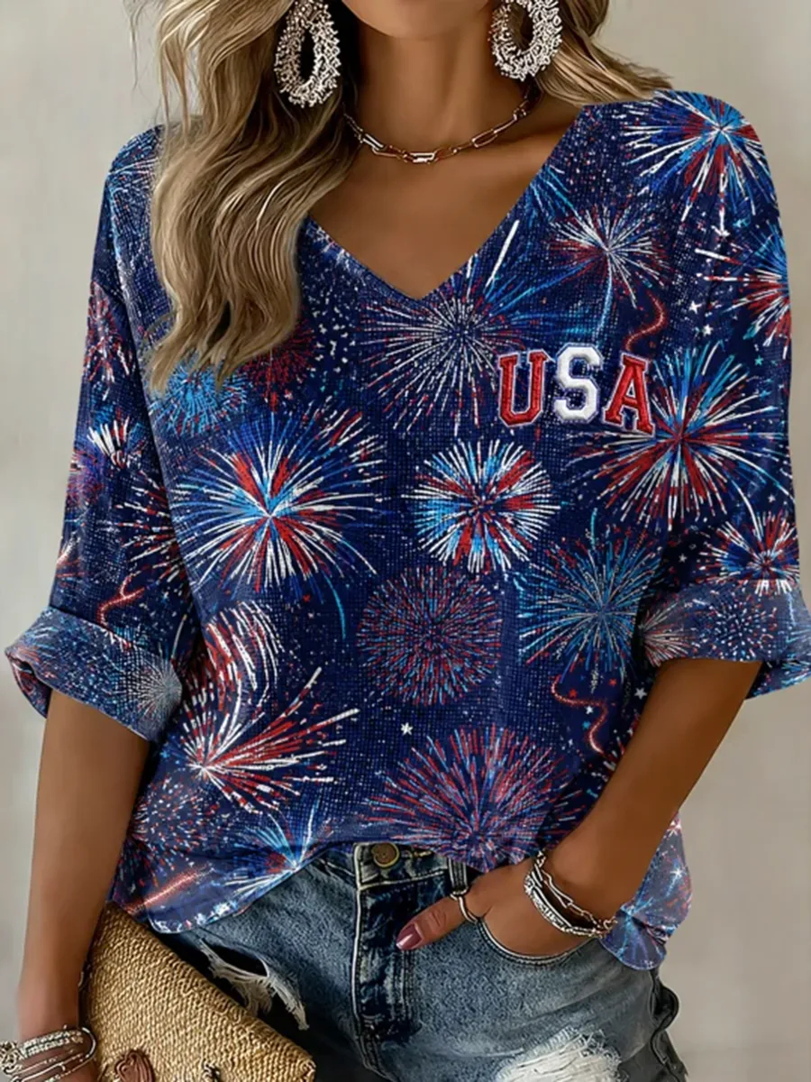 Women's Retro Independence Day Anniversary Fireworks Commemorative T-shirt