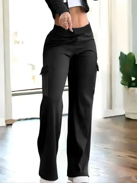 Women's Solid Color Flap Pocket Pants