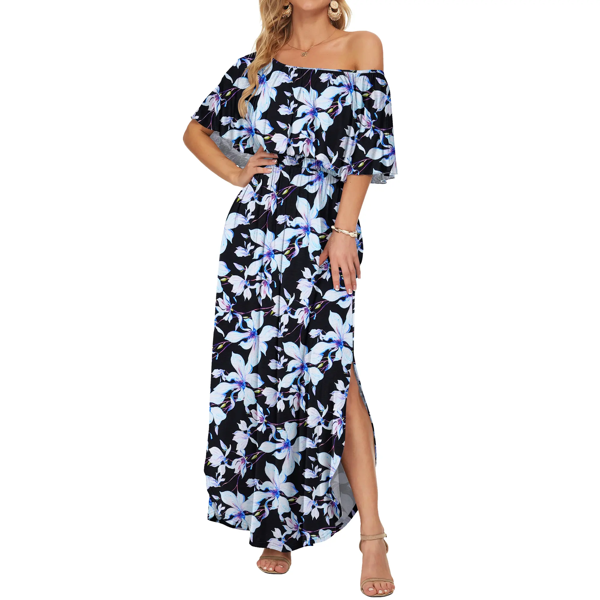 Womens Off The Shoulder Dress Wedding Guest Dress Summer Casual Long Ruffle Party Side Split Beach Maxi Dresses with Pockets