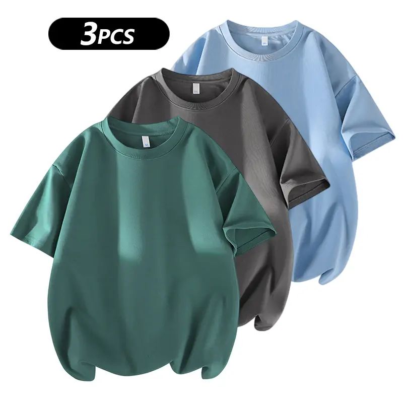 Men's 3PCS 100% cotton Crew Neck T-Shirts Set - Soft Loose Fit Navy Gray Black Tees for Casual Daily Wear