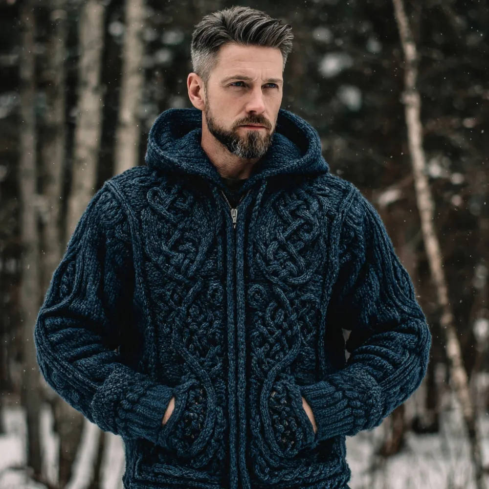 Men's Vintage Celtic Knot Viking Cozy Hooded Cardigan