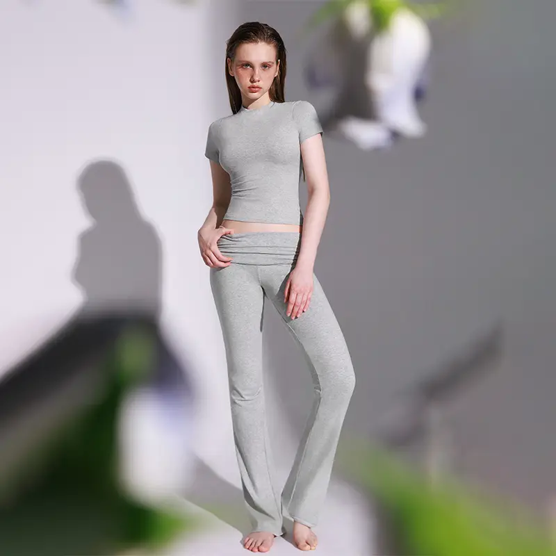 Women's Minimalist Short Sleeve & Fold-Over Flare Pants Lounge Set