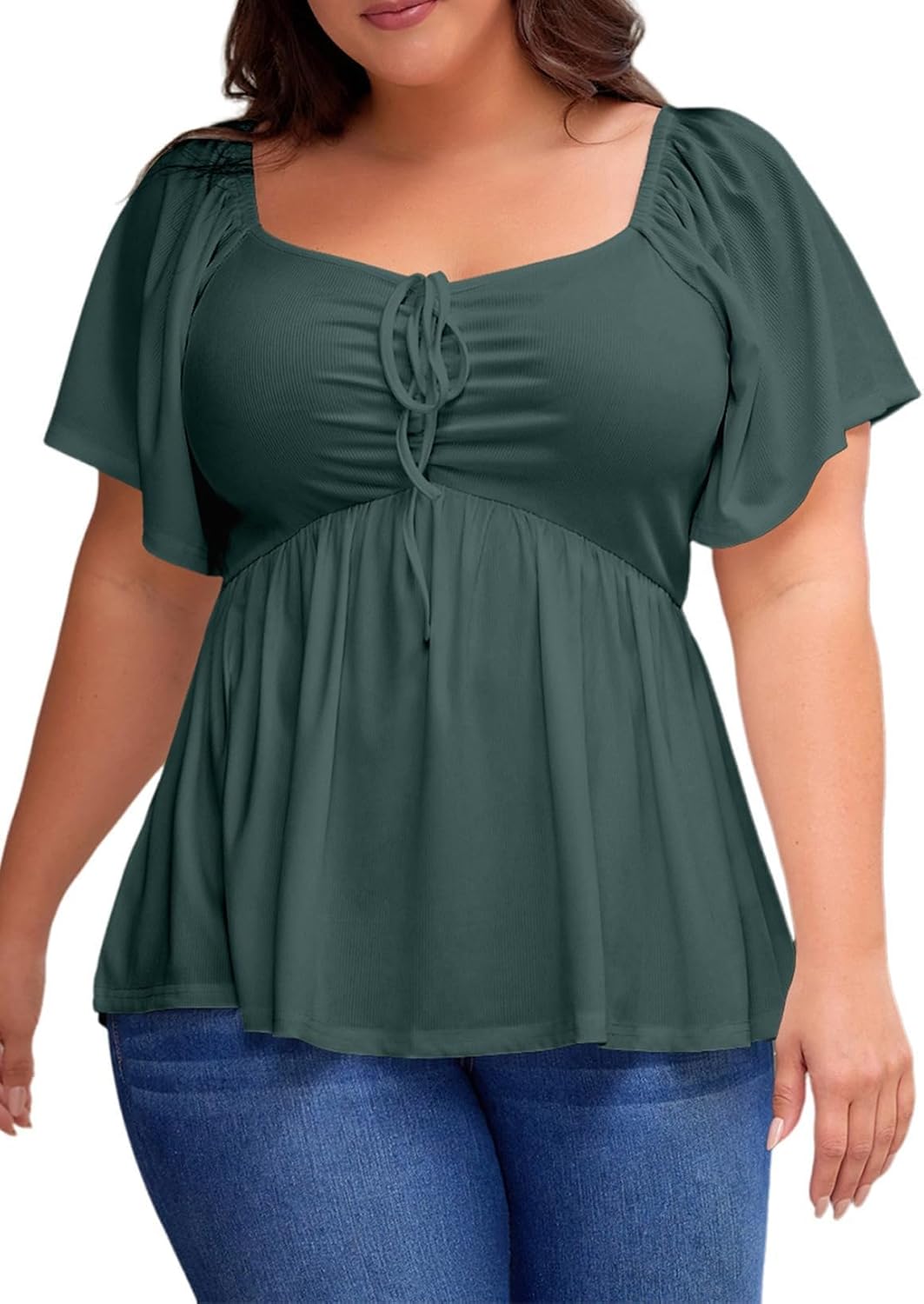 Womens Plus Size Tops Short Sleeve Sweetheart Neck Shirred Peplum Blouse Shirts
