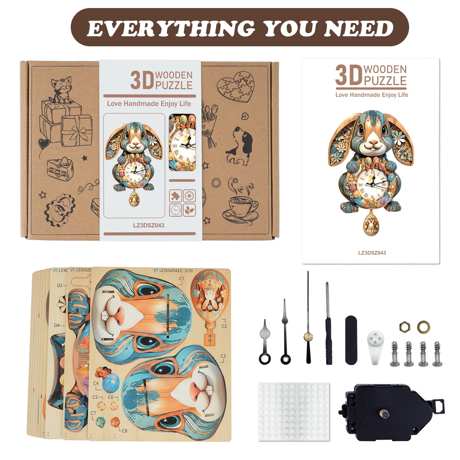 RabbitDIY Wooden Clock, 3D Puzzle Craft Kit