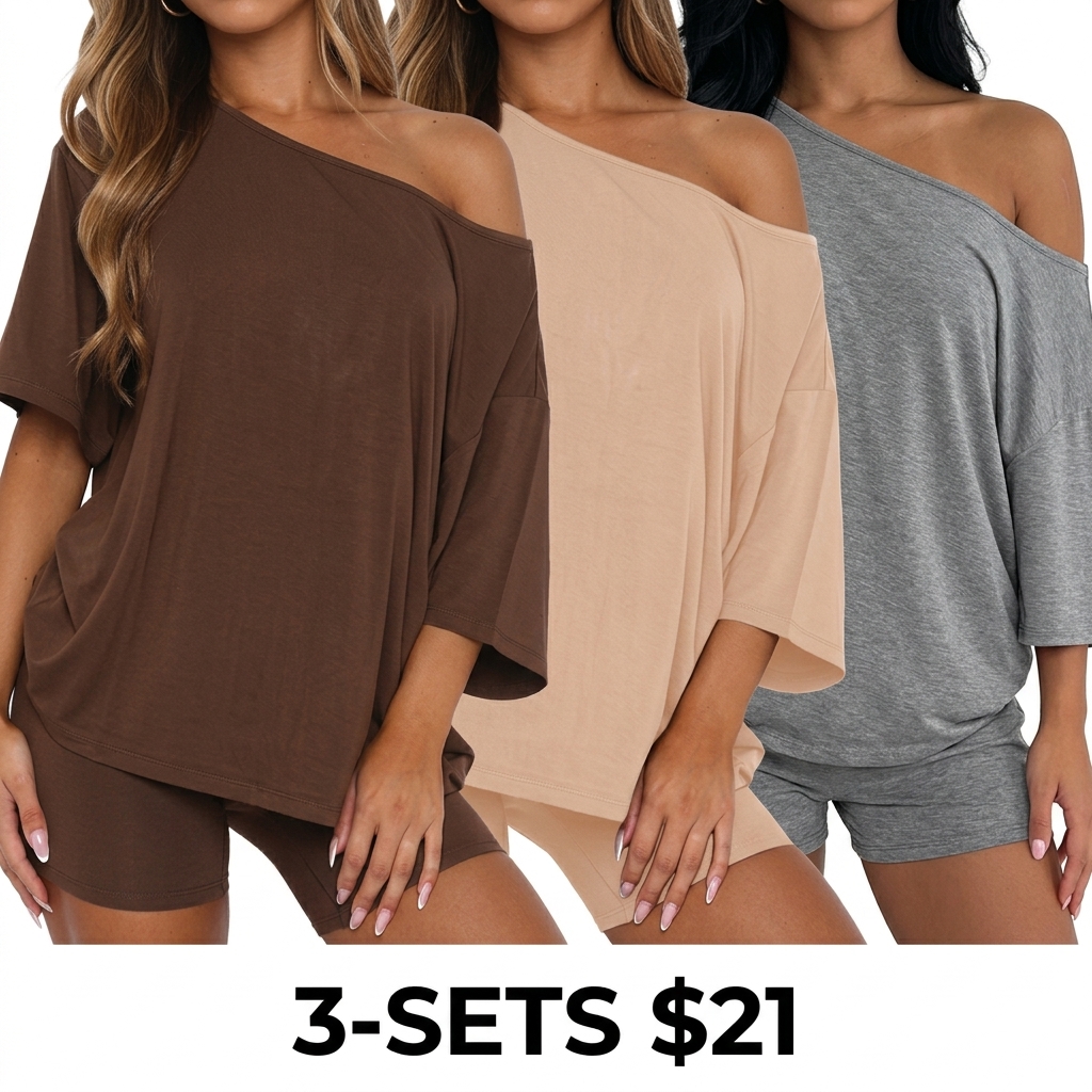 Women's Off Shoulder Lounge Set – Relaxed Top & Fitted Shorts 2-Piece Pajama Set