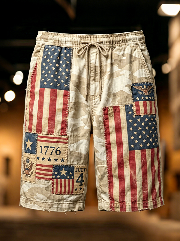 Men's Independence Day Camouflage American Flag Patchwork Print Casual Shorts