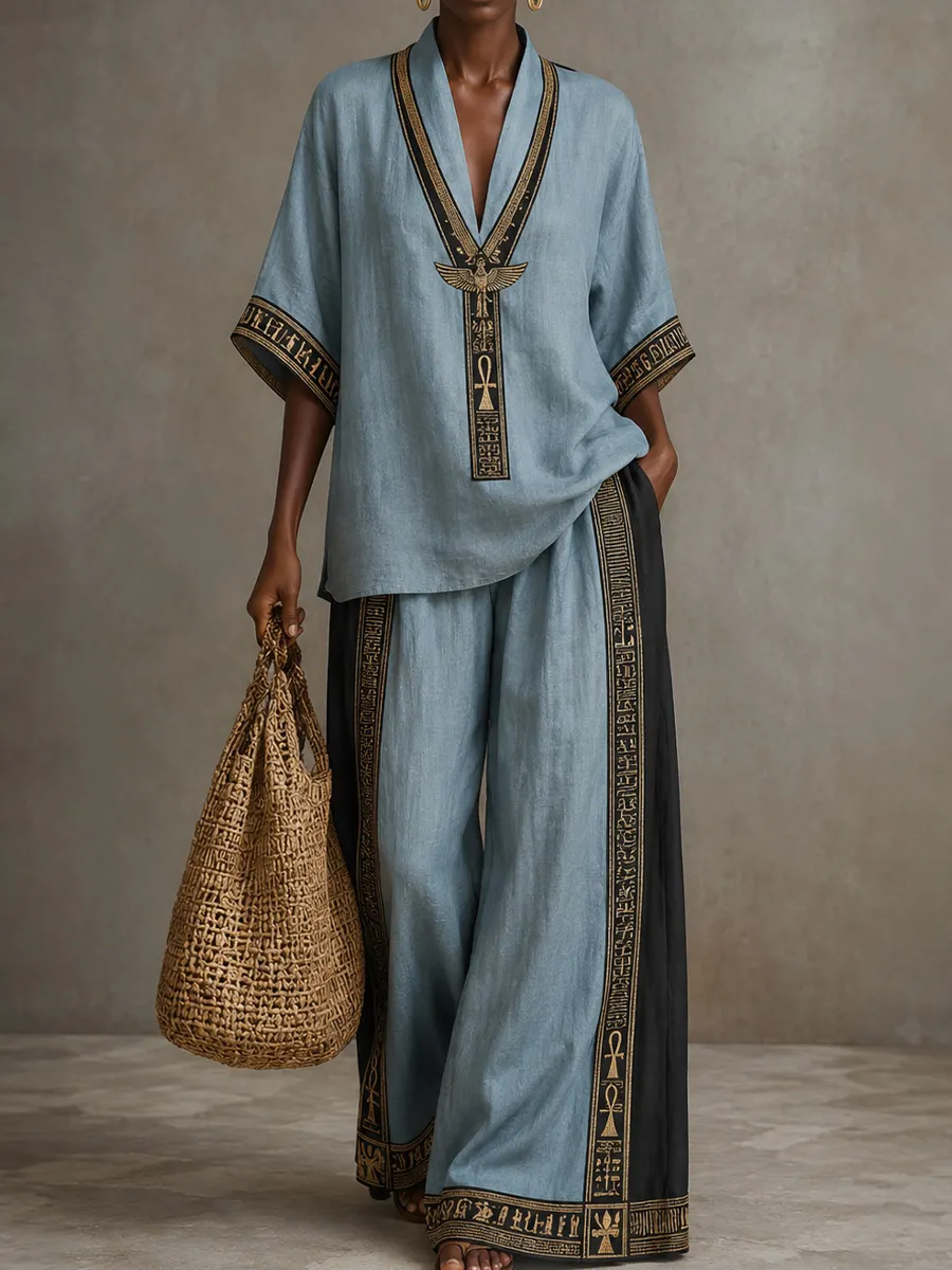Women’s Mist Blue Egyptian Revival Two-Piece Outfit with Black Gold Trim and Palazzo Pants