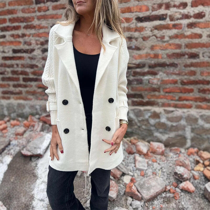 New mid-length women's coat with double-breasted lapel collar, made from double-sided tweed.