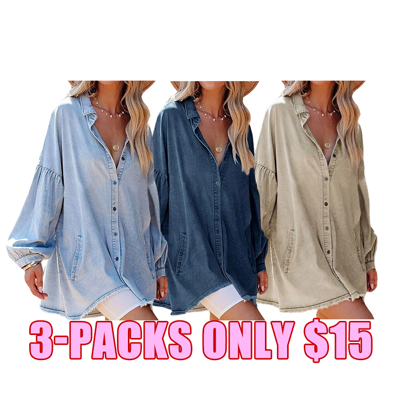 Women's Oversized Distressed Denim Jacket with Pockets