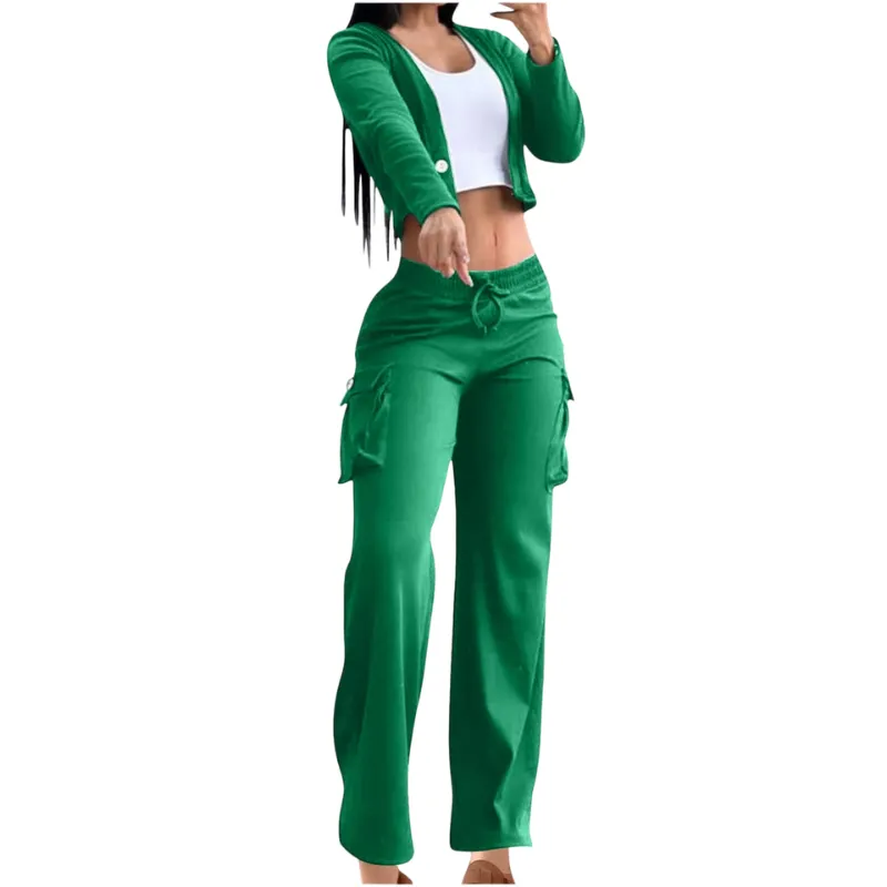 2 Piece Set for Women Casual Suit Cardigan Button with Pocket