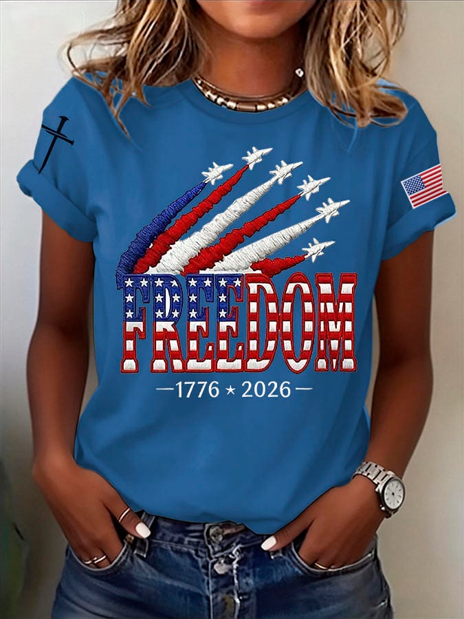 Women's Retro Freedom American Flag Cross Print T-Shirt