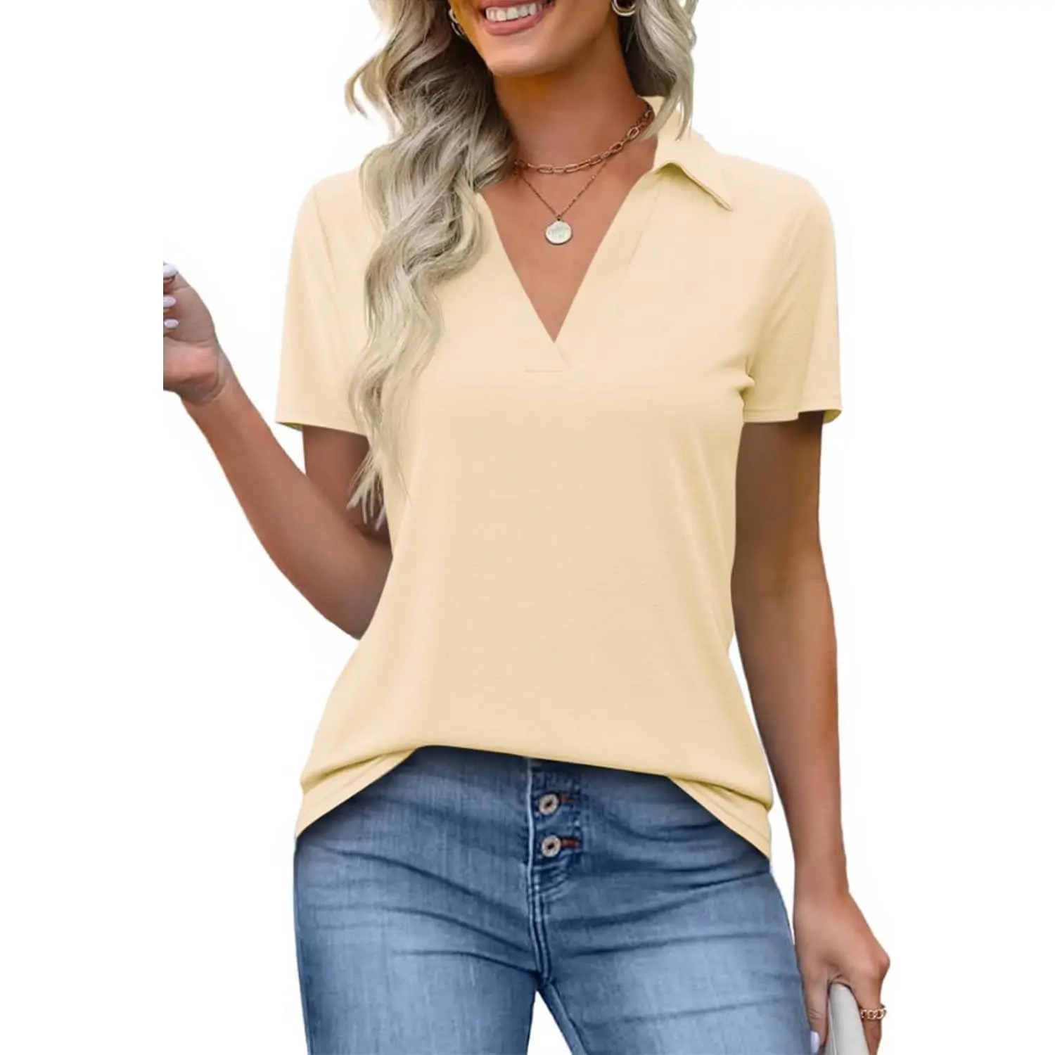 Women's Short-Sleeve Slim-Fit Lightweight Polyester V-Neck Polo Shirt