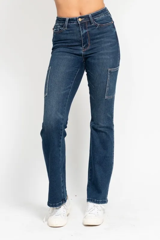 Blue Full Size High Waist Cargo Bootcut Jeans Plus Size