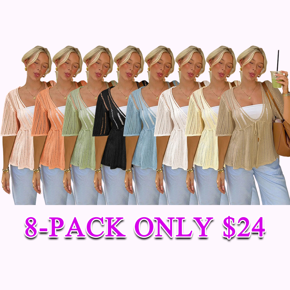 Women's Summer Loose Knit Cardigan Hollow Out Bow Tie Front Short Sleeve Crochet Mesh Sun Protection Top