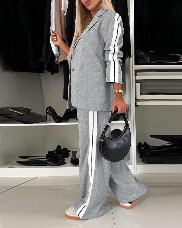 Women's Striped Side Tape Blazer & Wide-Leg Pants Set