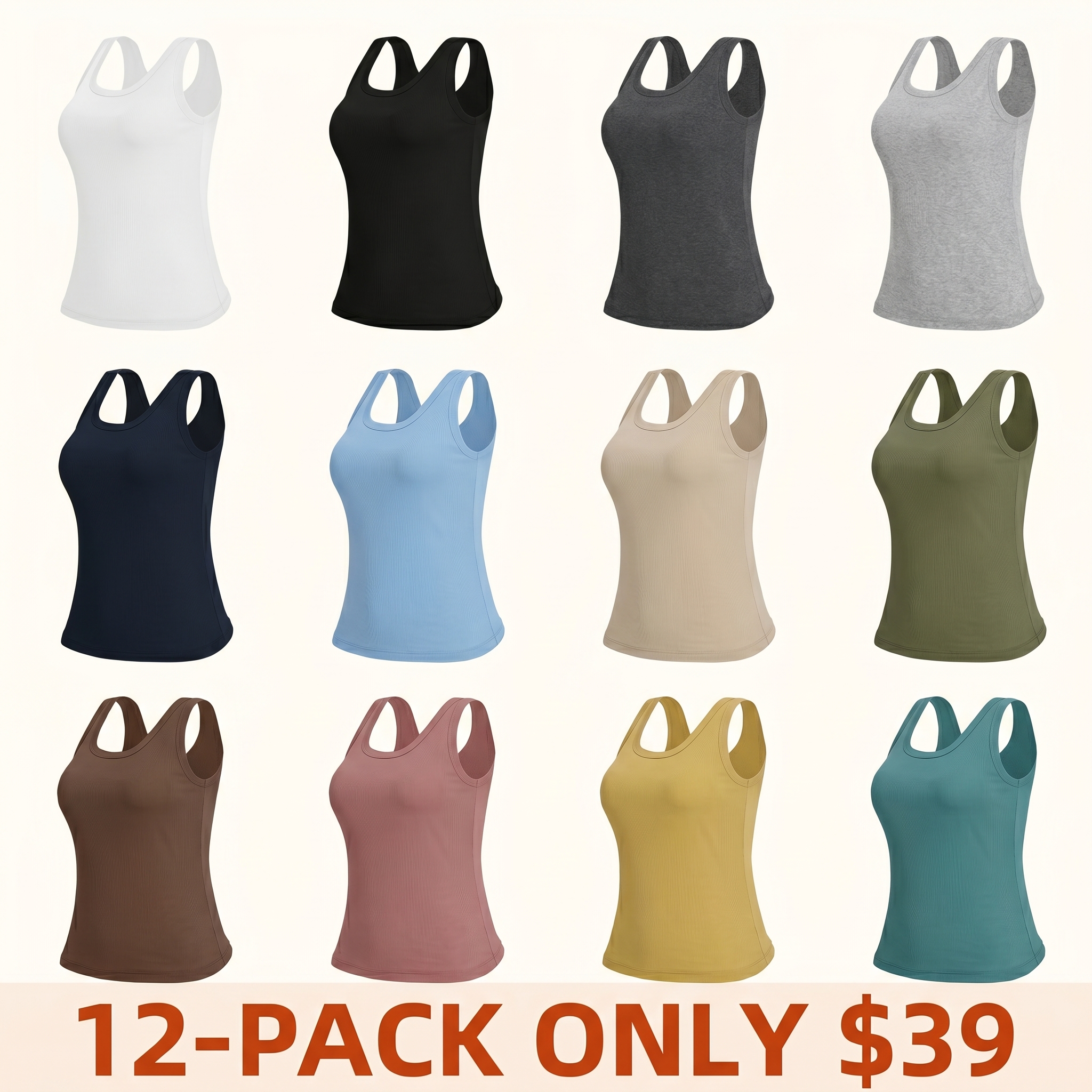 Women's Ribbed Sports Tank Top — Built-in Bra, Fitted Racerback, Crew Neck Design