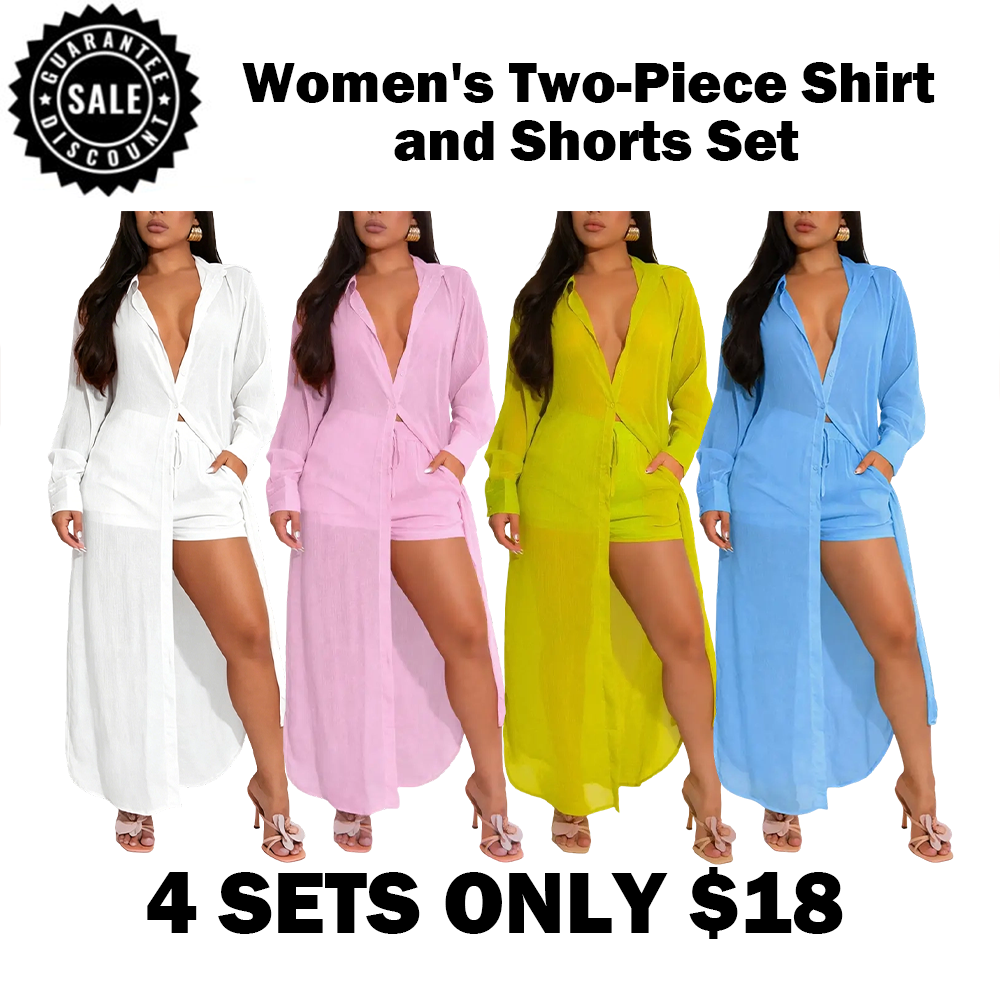 Women's Solid Color Button Front Shirt & Shorts Two-Piece Set