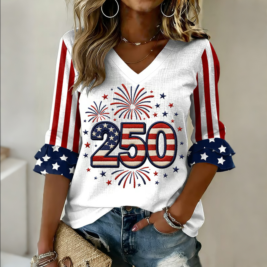 Ladies' Casual 250Th Anniversary Of The Founding Of The United States Printed V-Neck Half Blood T-Shirt