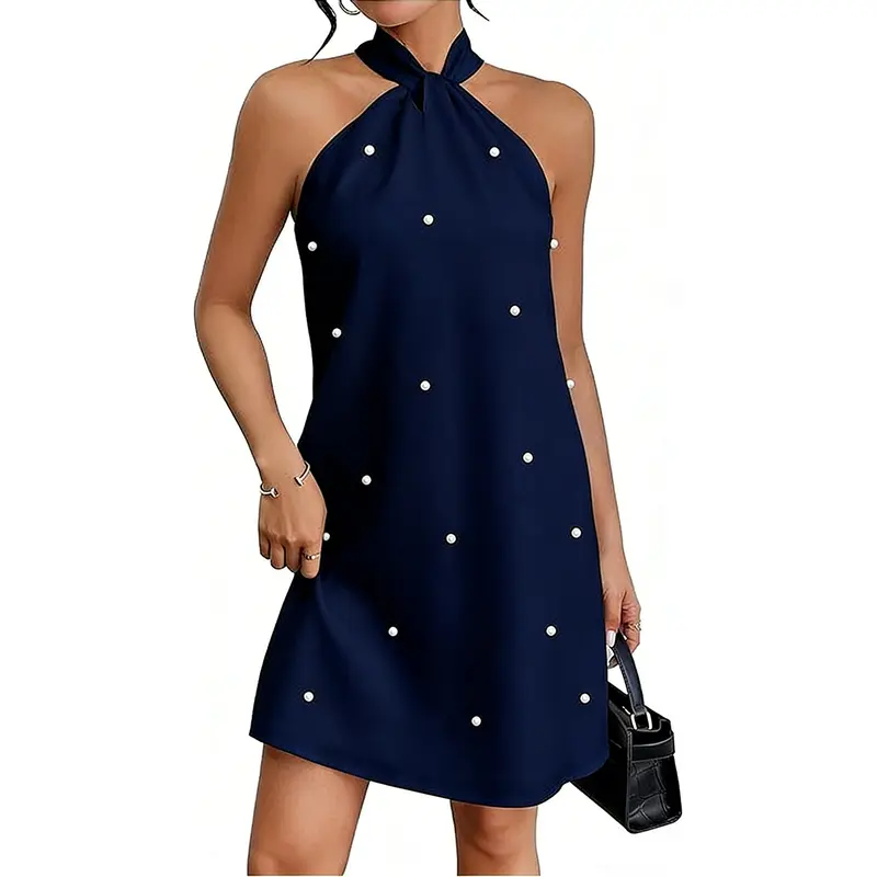 Women's Pearl Beaded Halter Twist Sleeveless Tie Back Dress A Line Dress