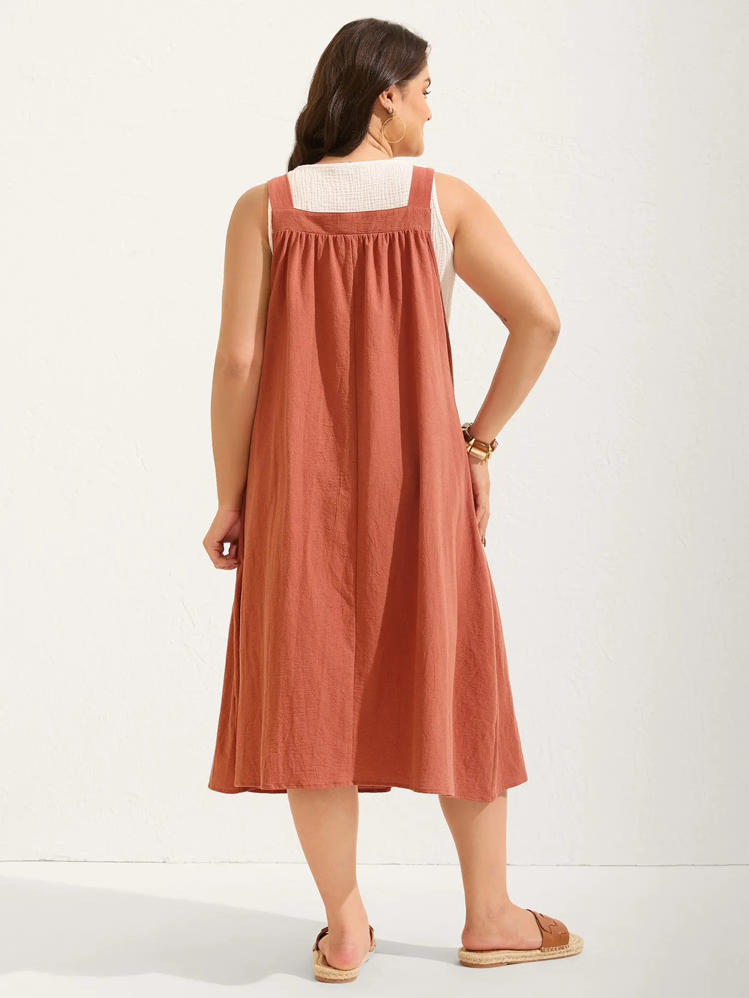 [M-6X] Cotton Pinafore Overall Dress Sleeveless with Square Neckline  Adjustable Strap and Pleated Pockets Breathable Midi Length Side Seam Plus Size Minimalist 2026 Summer Pick for Mother's Day