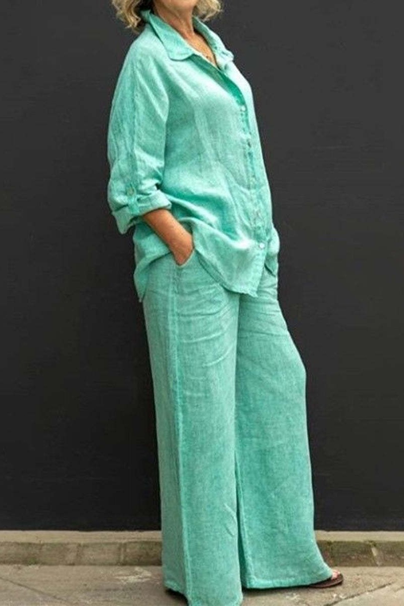 Women Linen Lapel Shirt Two Pieces Set Vintage Solid Long Sleeve Button Blouse and Loose Straight Pants Casual Suits