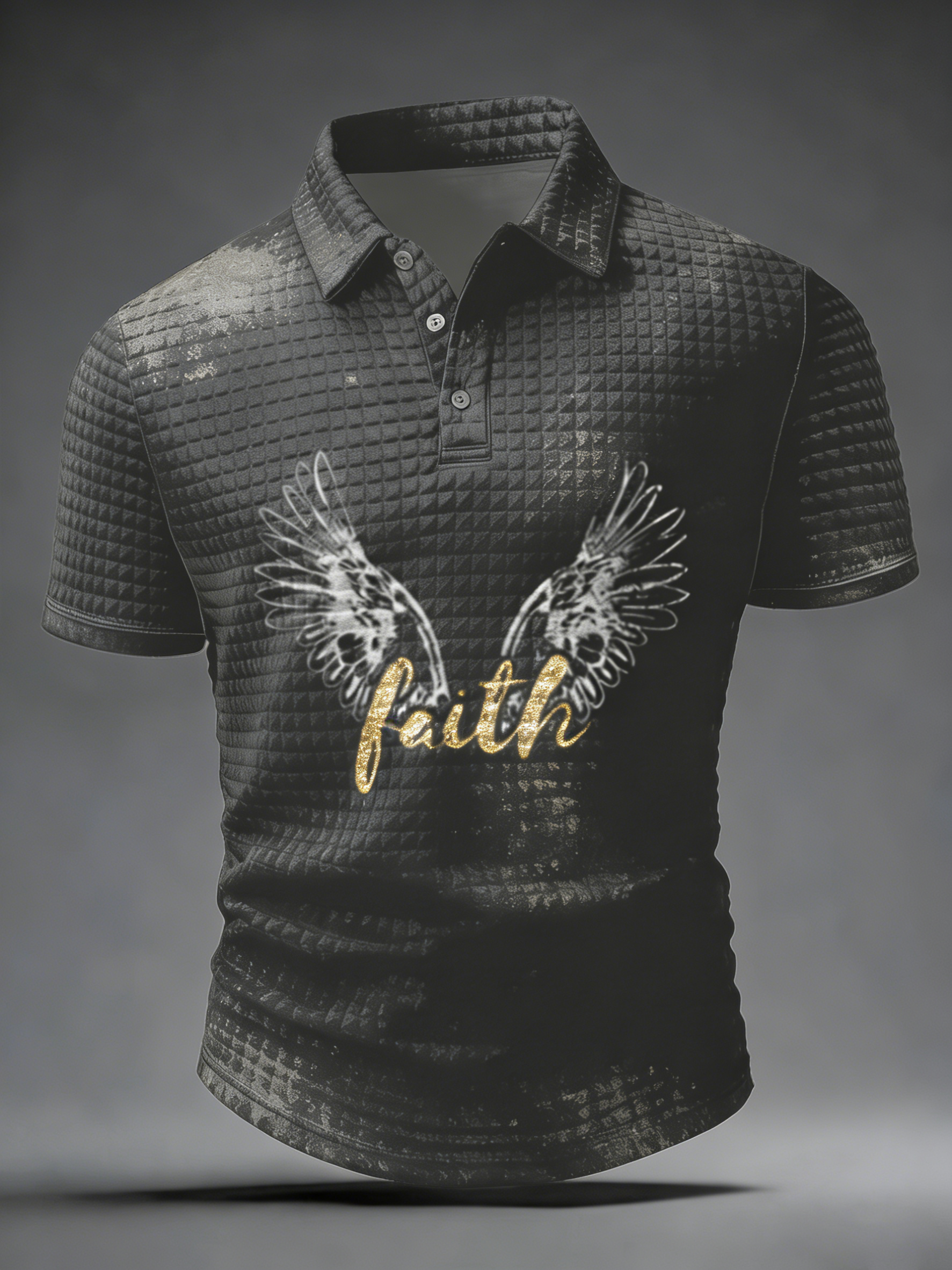 Vintage Distressed Gold Faith Angel Wings Short Sleeve Polo