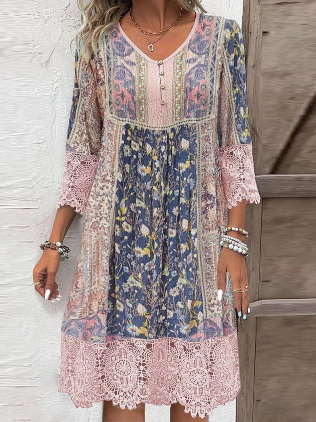 Women's Three Quarter Sleeve Spring/Fall Pink Floral Split Joint V Neck Daily Going Out Vintage Maxi A-Line T-Shirt Dress Dress