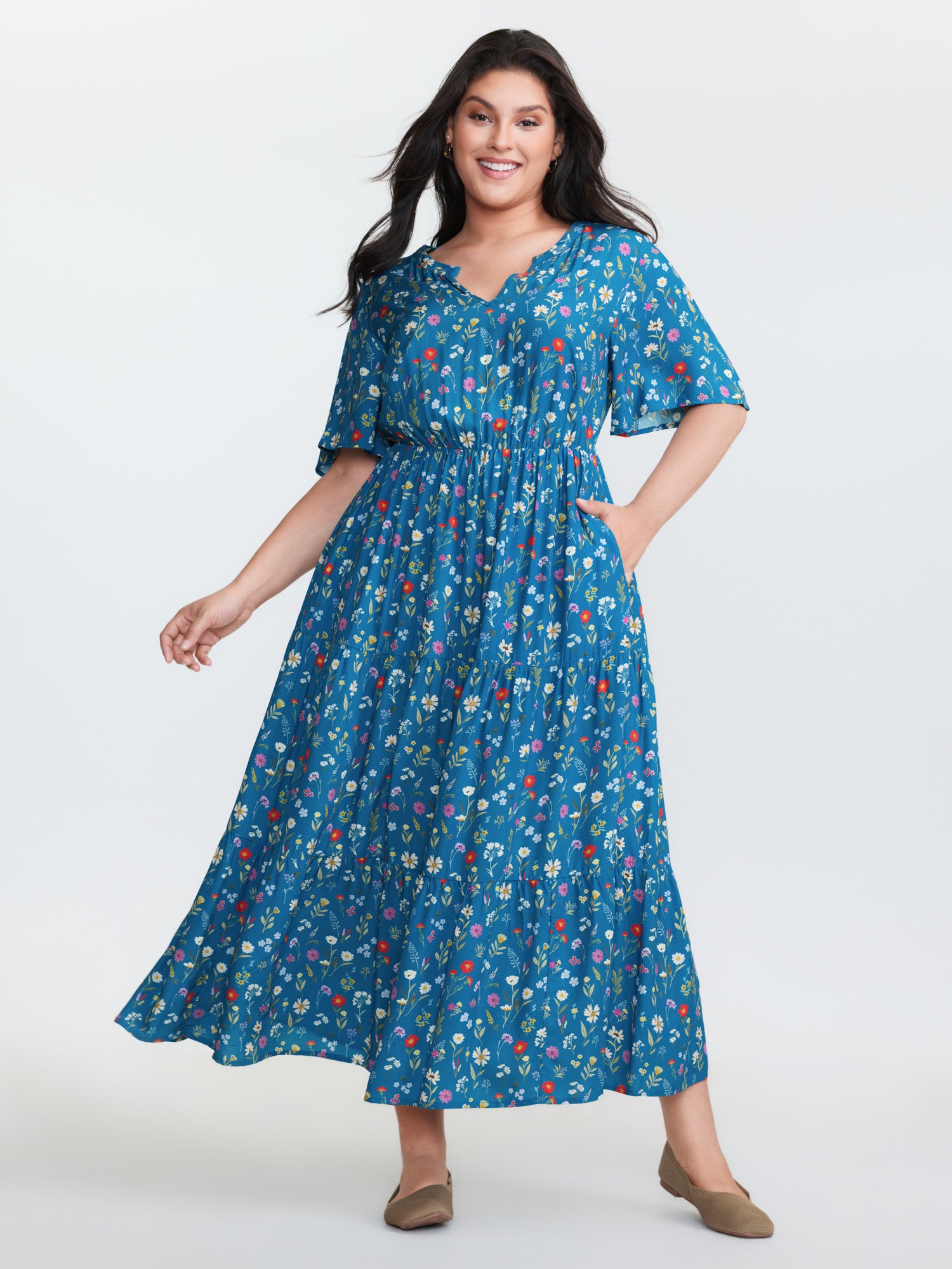 Floral Print Pockets Tiered Maxi Dress