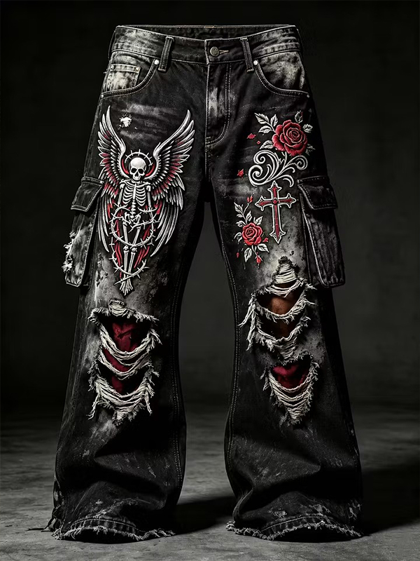 Men's Retro Skull Rose Cross Dark Art Print Casual Cargo Pants