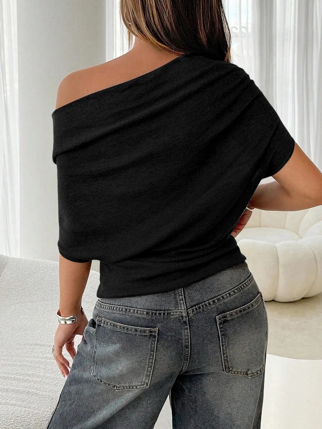 Women's Plain Asymmetrical Shoulder Batwing Sleeve Knit T-Shirt