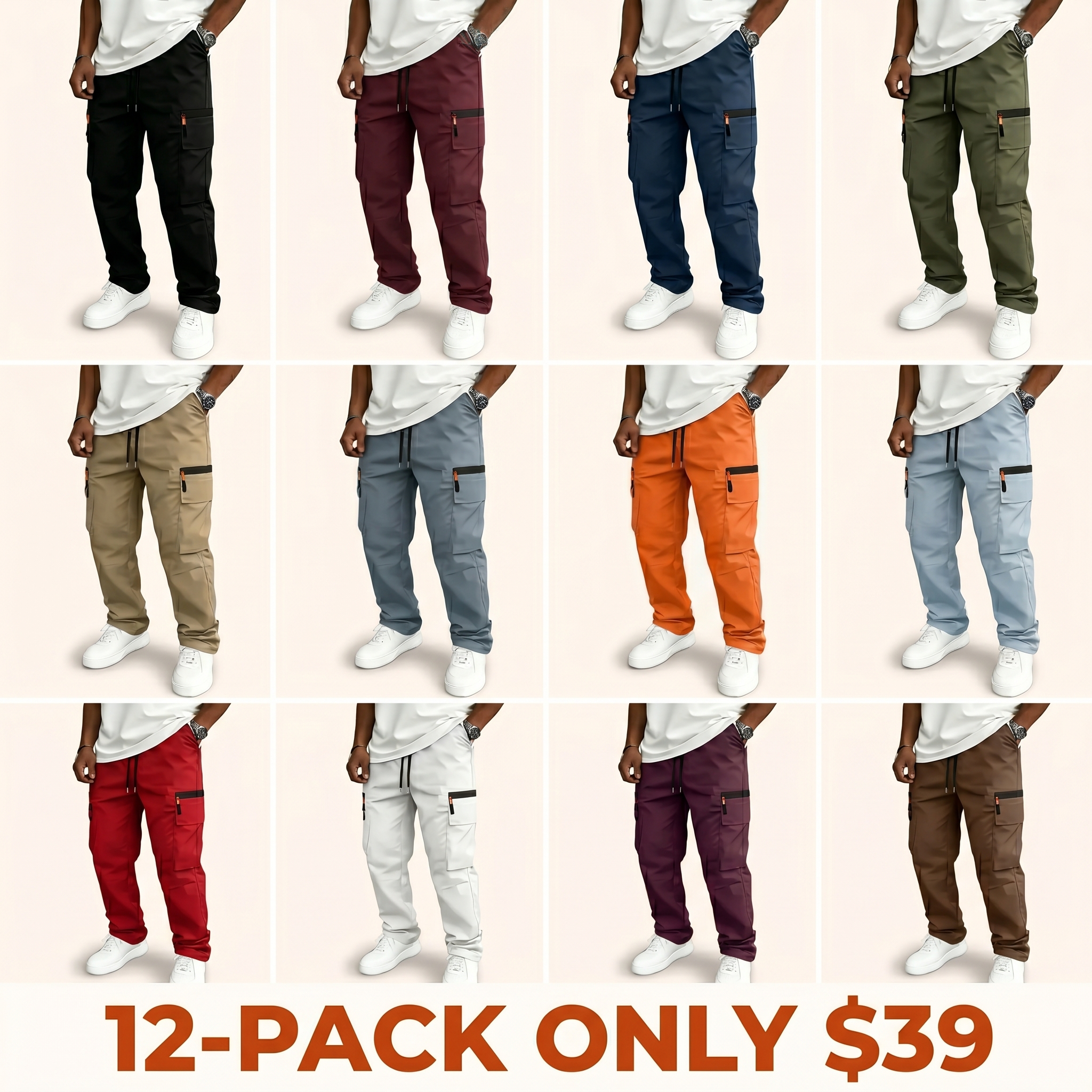 Men's Solid-Color Plus-Size Tactical Work Pants, featuring multiple pockets and faux-zipper details; durable outdoor training trousers.