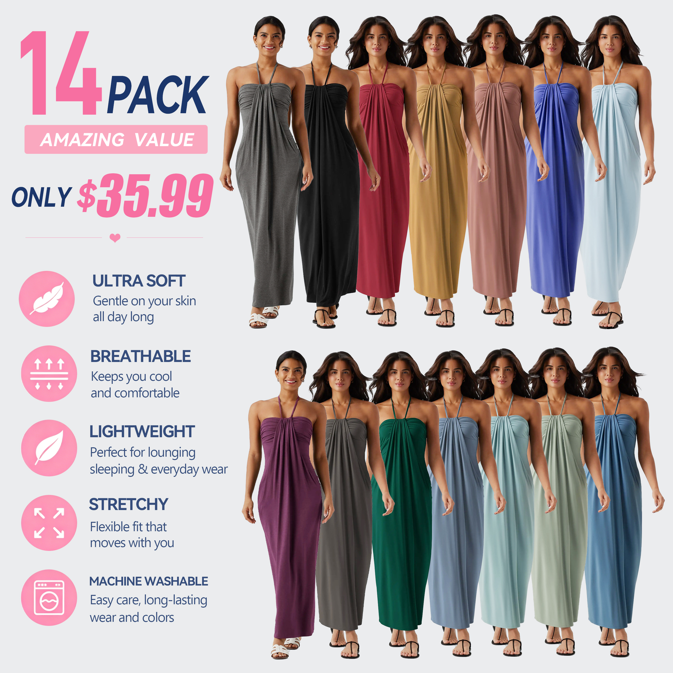 Halter Tie Back Maxi Dress for Women – Sleeveless Flowy Dress with Pockets