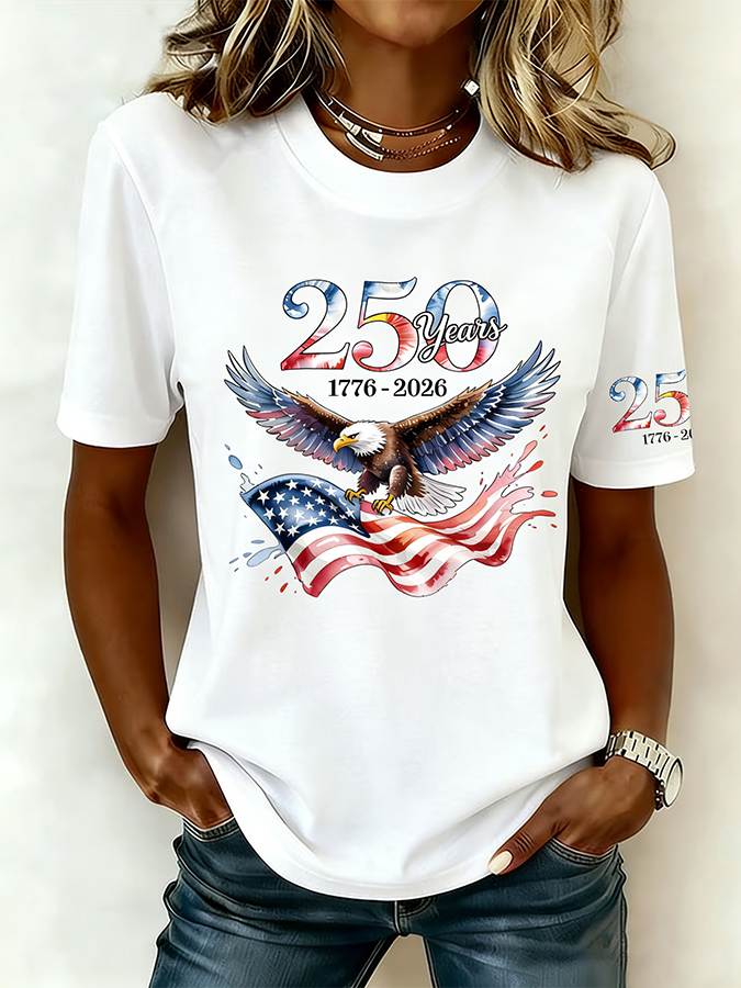 American Women'S Casual American Flag Printed Round Neck T-Shirt