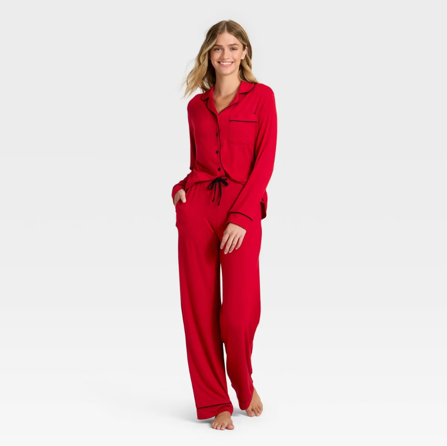 Cream Skiers, women's cloud knit modal long-sleeved collared top and pants pajama set
