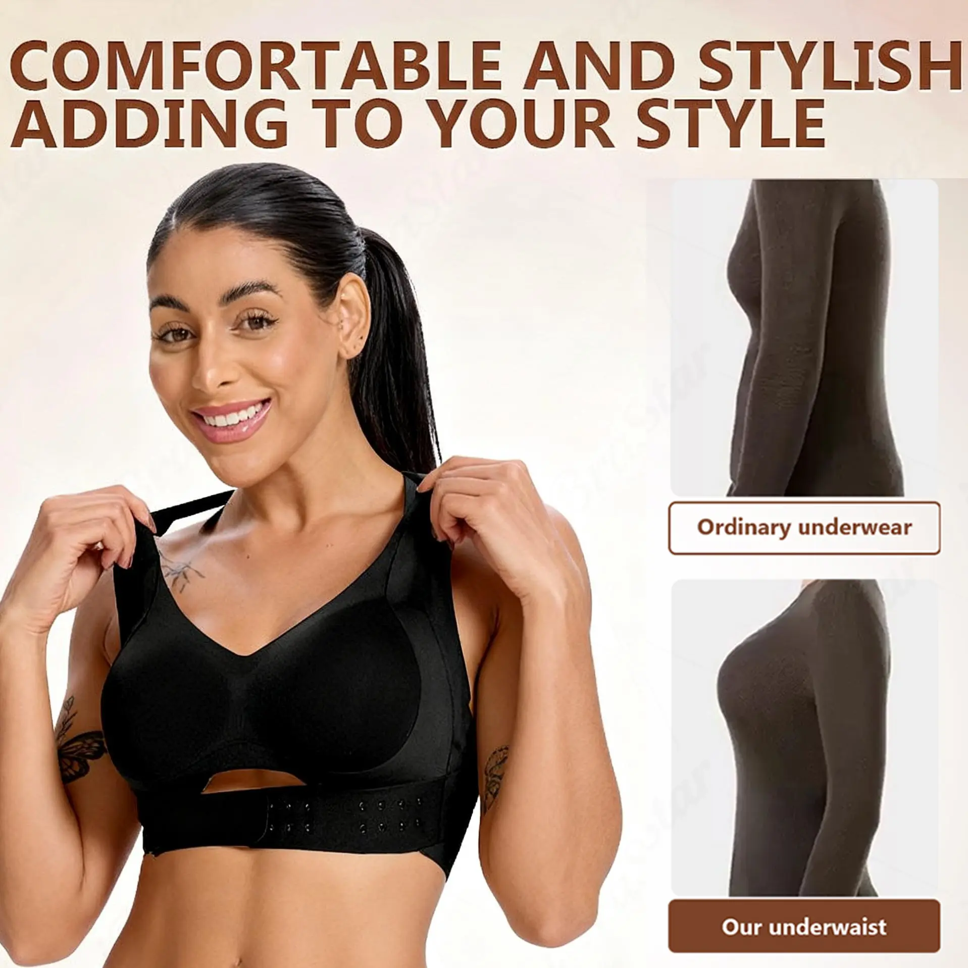 【Postural correction】Women’s Beige Wireless Bra, Soft Breathable Non-removable Moulded Cups, Yoga Fitness Sportswear for Gym & Daily Training