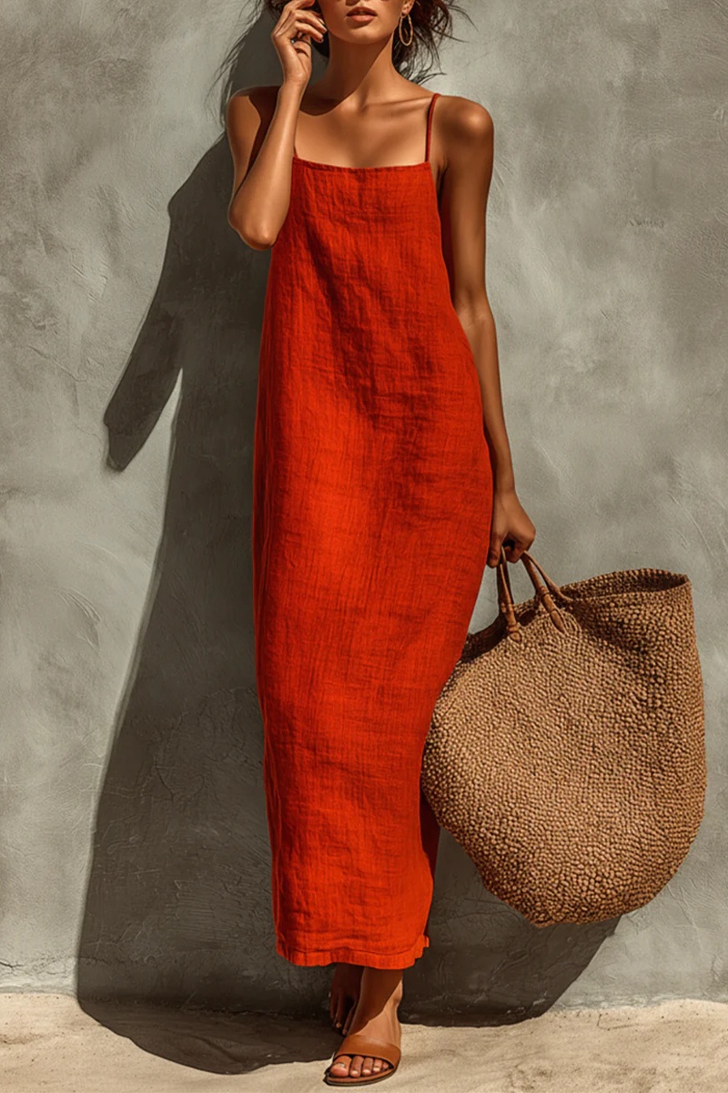 Women's Red Cotton Dress With Spaghetti Straps & Square Neck, Timeless Boho-Resort Style Dress