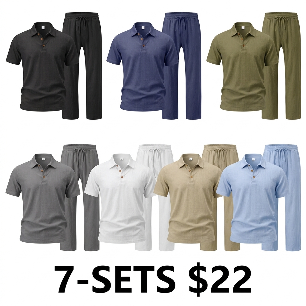 Men's Linen Beach 2-Piece Set – Short Sleeve Button Down Shirt & Loose Long Pants, Lightweight Summer Outfit
