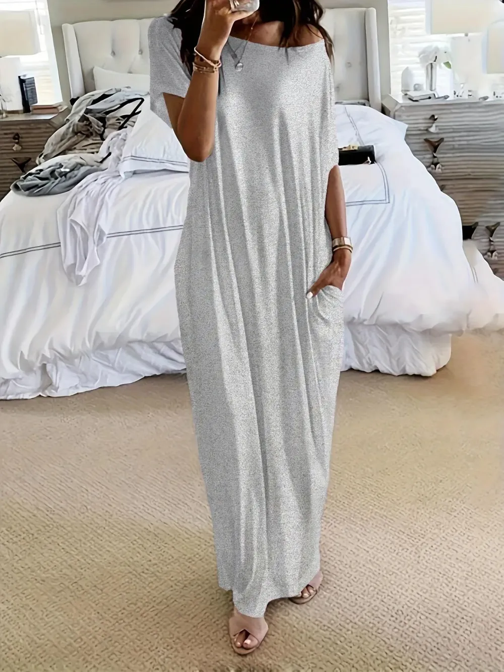 Women's Solid Color Batwing Sleeve Lounge Dress